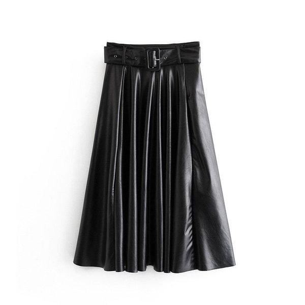 

skirts women vintage faux leather skirt with belt 2021 elegant office ladies black pu midi fashion pleated casual