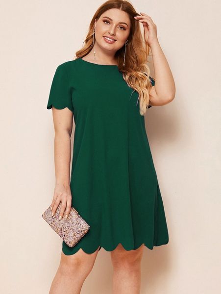 

plus scallop edge solid dress n4lc#, Black