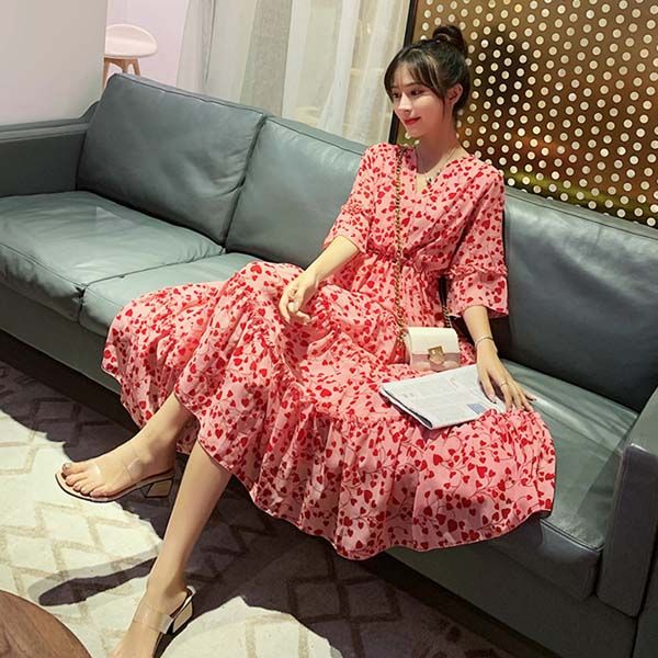 

summer sleeve plus size women's dress, plus size printing for pregnant women, polka dots, pregnant chiffon elastic waist, v-neck dress, White;black