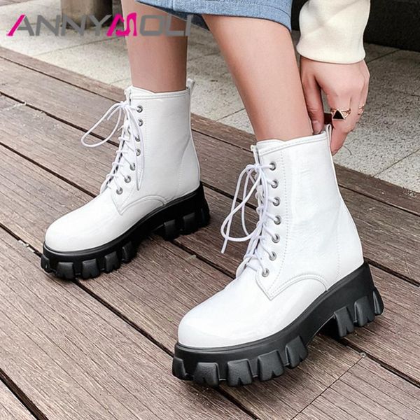 

boots annymoli motorcycle woman high heel ankle lace up round toe short platform chunky ladies shoes white 46, Black