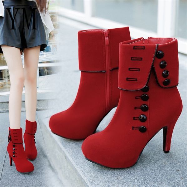 

fashion women ankle boots high heels fashion red shoes woman platform flock buckle boots ladies shoes female plue 42 y200114, Black