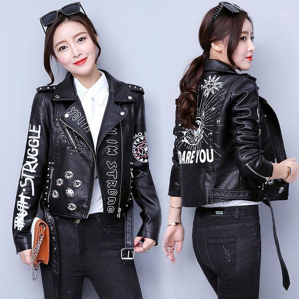 

women printed letters rivet pu leather jacket punk moto coat black faux jacket fashion zipper streetwear1, Black;brown