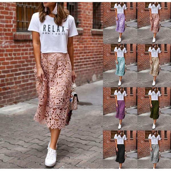 

women's solid color lace hollow out casual skirt mid-calf elegant summer spring dress for women female skirts, Black