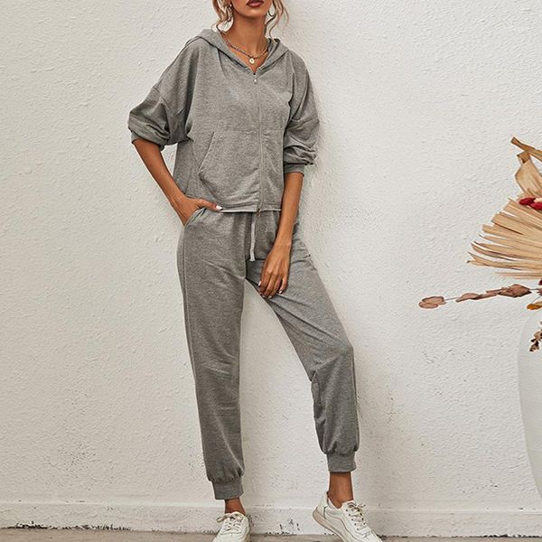 

women two piece outfits long sleeve pants sets hooded zipper casual suit 2021 autumn two peice set for women loose pants suit1, Gray