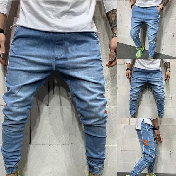 

men's loose fit denim pants elastic feet pants men's solid color jeans with pockets, Blue