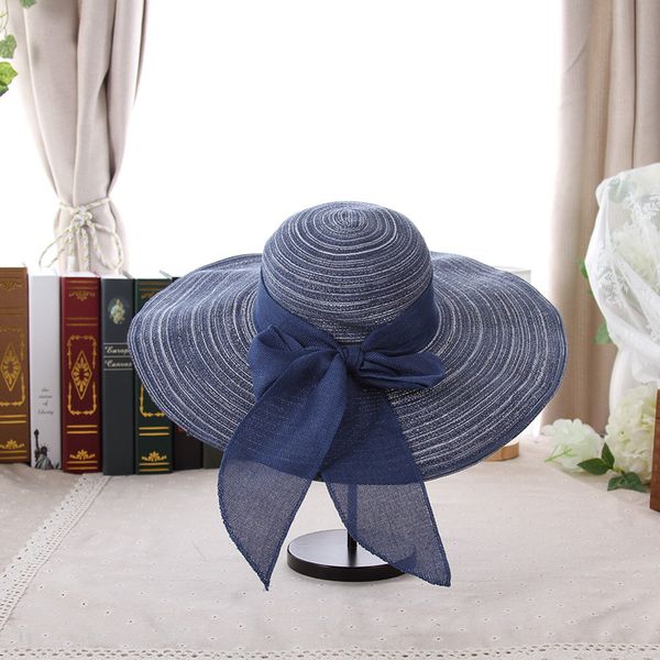 

wide brim hats summer bow tie straw sun for women large uv protection girls foldable chapeau femme beach hat, Blue;gray