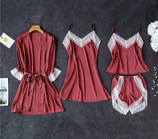 

daeyard женские пижамы сексуальное женское белье лето pijama 4 шт шелк cami set lace robe сорочка повседневный home костюм пижамы pjs99, Black;red