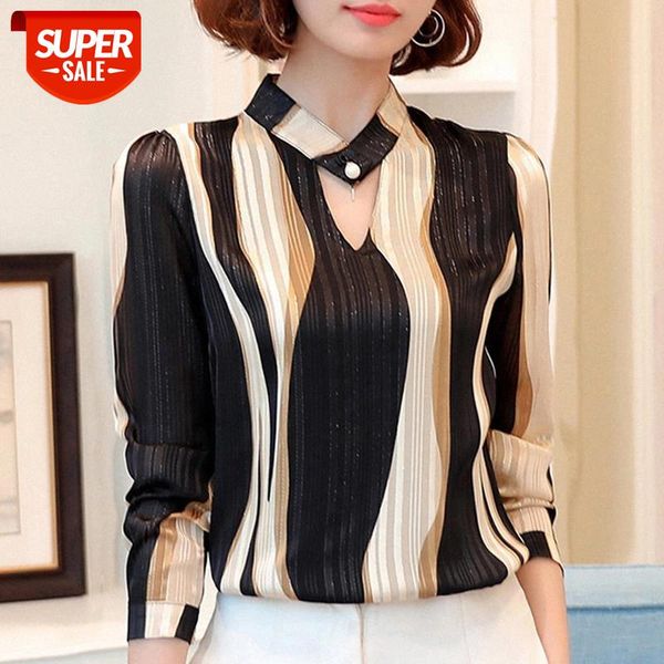 

new spring and summer chiffon shirt blouse women long sleeve loose blouses women casual striped office lady shirts z06 #lw30, White