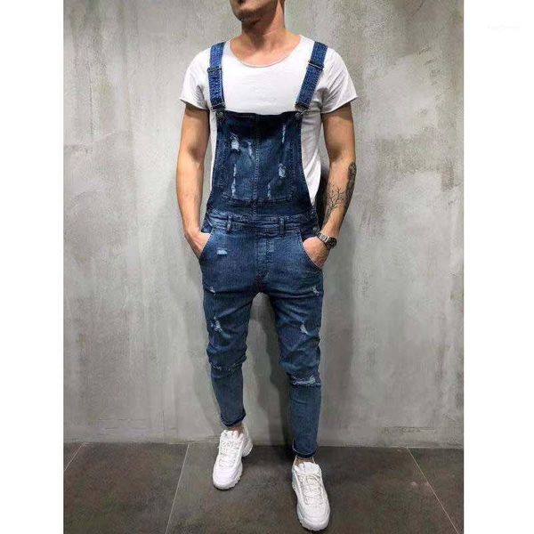 

men's jeans 2021 fashion men's jumpsuits shorts autumn high street distressed denim bib overalls for man suspender pants1, Blue