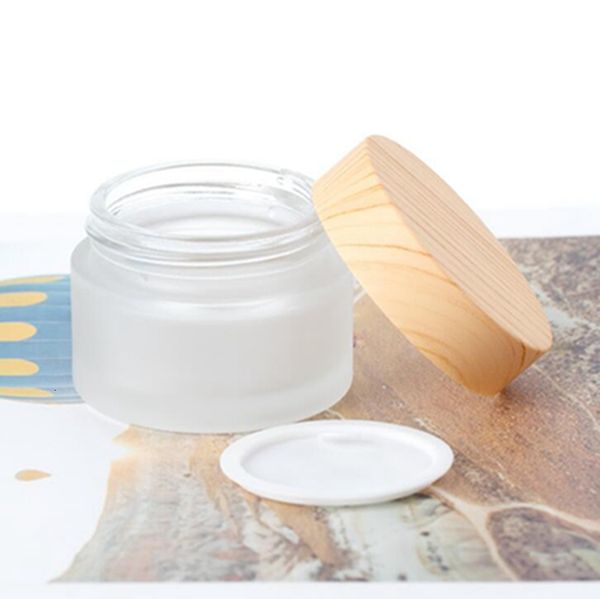 

cosmetic frosted glass jar cream bottles round jars hand face packing bottles 5g 10g 15g 30g 50g jars with wood cover