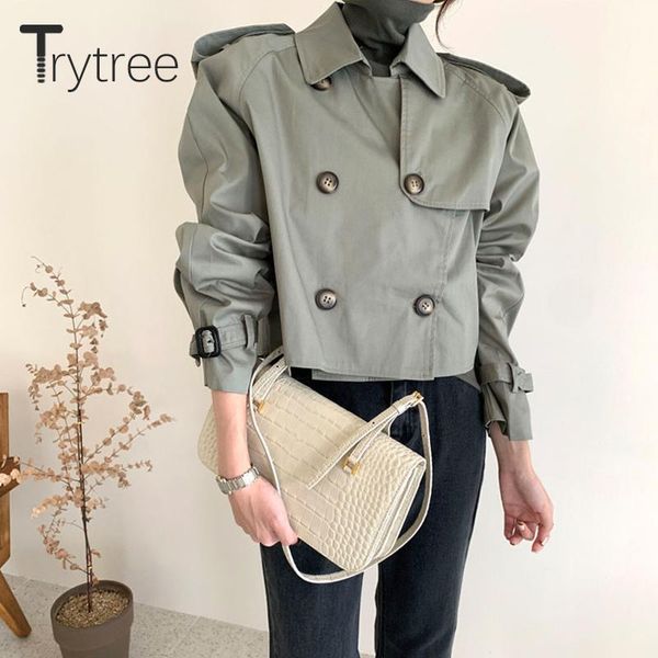 

trytree 2021 spring autumn women's jacket solid 2 colors double breasted windbreaker casual thin wide-waisted office lady coat, Black;brown