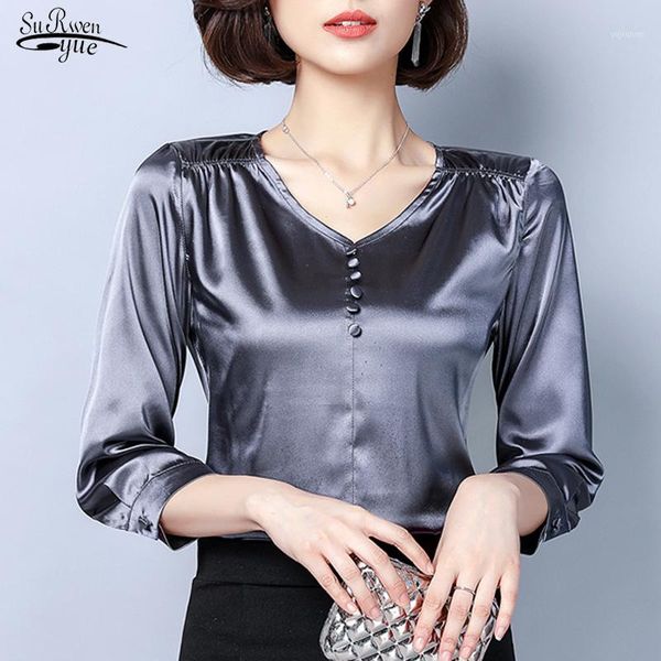 

2020 slim plus size blouses women spring new long sleeve solid shirt women v-neck silk bottom shirts camisas mujer 8071 501, White