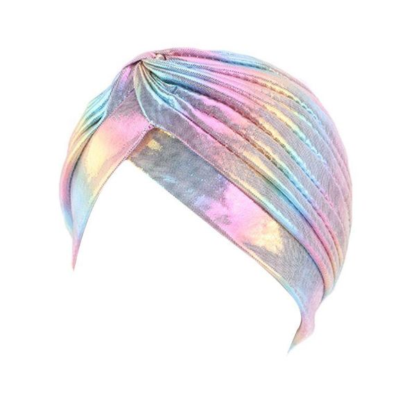 

women rainbow metallic turban hat twisted pleated headwrap glitter hair loss cap, Blue;gray