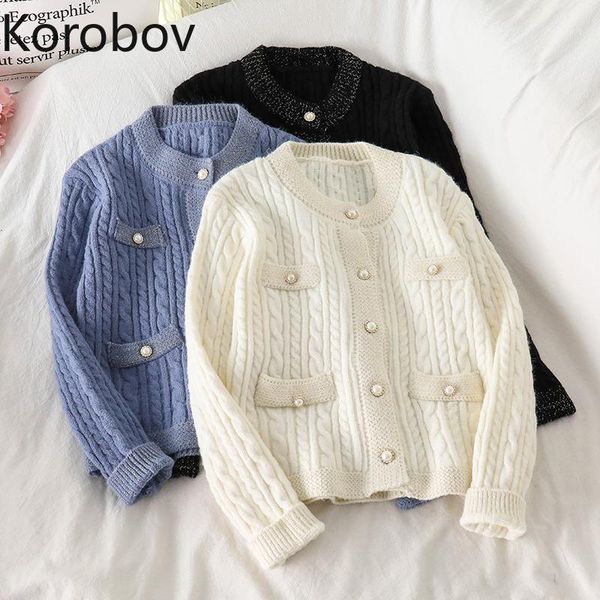

korobov outwear women cardigans 2020 new autumn winter o neck long sleeve knitwear vintage elegant office lady sweaters1, White