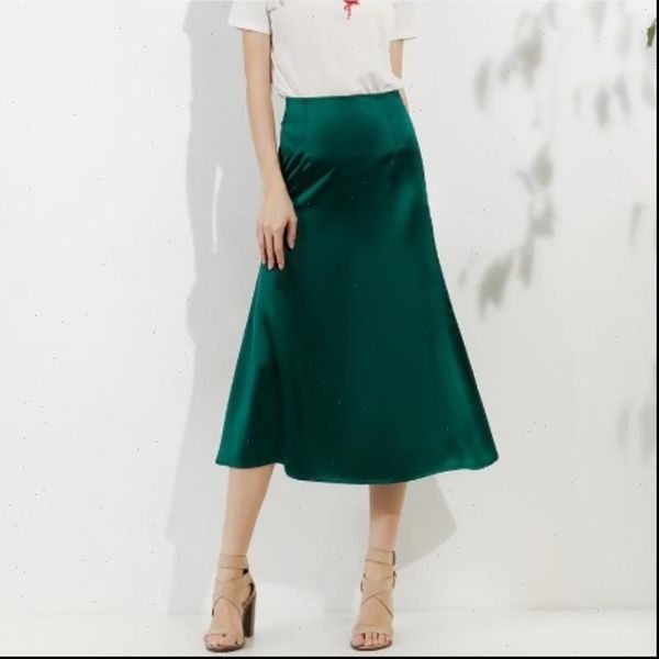 

new women skirts solid color elegant silk satin vintage style skirt female summer fashion high waist a line midi skirts, Black