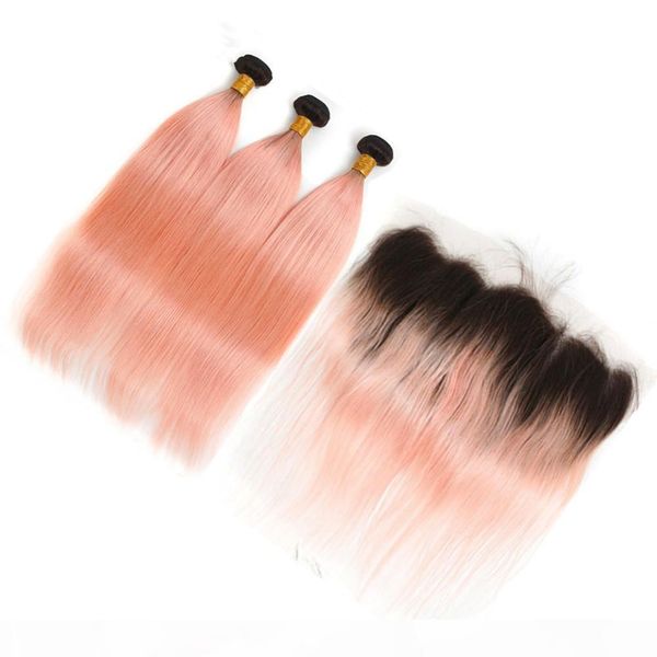 

malaysian human hair ombre rose pink gold 3bundles with frontal closure 4pcs lot straight #1b pink ombre weave wefts with lace frontal 13x4, Black;brown