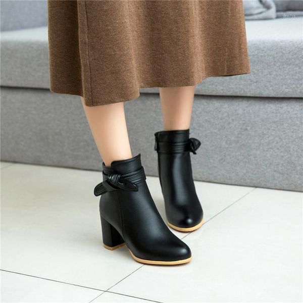 

ymechic white black boots chunky block high heels bowtie fashion ankle boots party wedding ladies shoes office plus size bootie1