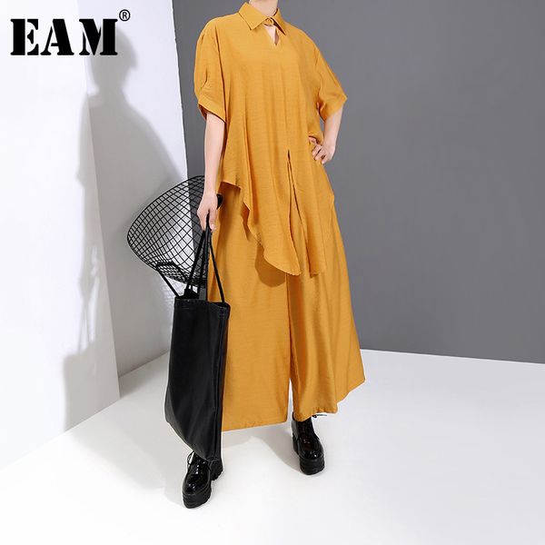 

[eam] wide leg pants big size two piece suit new lapel half sleeve black loose fit women fashion tide spring summer 2020 1w342 t200702, White