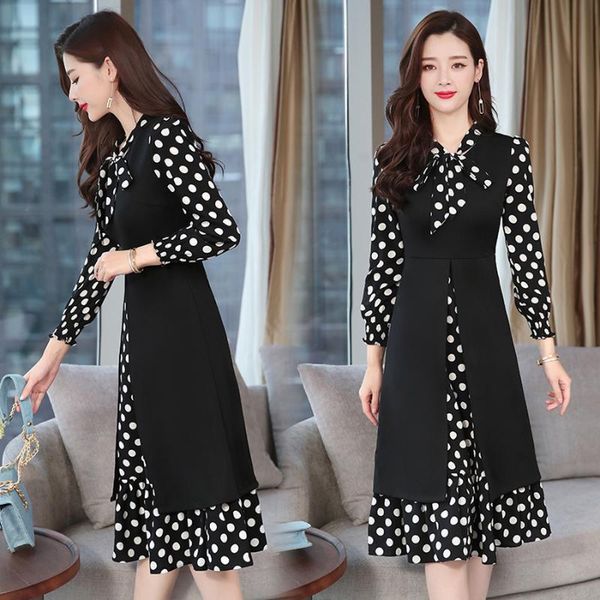 

2021 vintage black dot long sleeve midi dress autumn winter 4xl plus size solid women bodycon dresses party classy vestidos, Black;gray