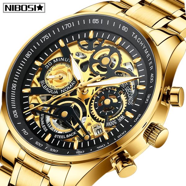 

2020 новые nibosi автоматические часы мужчины стальные ремешки скелет верхний бренд роскошный прозрачный модный скелет часы relogio masculin, Slivery;brown