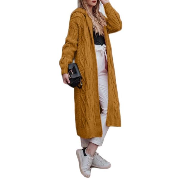 

women hooded open front cardigan twist chunky cable knit solid long sweater coat d08e, White