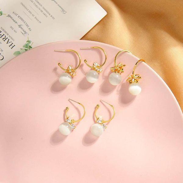 

kissme unique acrylic crystal zircon flower drop earrings for women delicate opal bead gold color brass earrings fashion jewelry, Silver