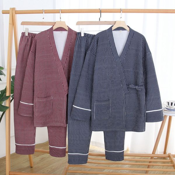 

autumn winter japanese kimono pajamas men 100% cotton air layer long-sleeved quilted couple plus size sleepwear suit, Black;brown