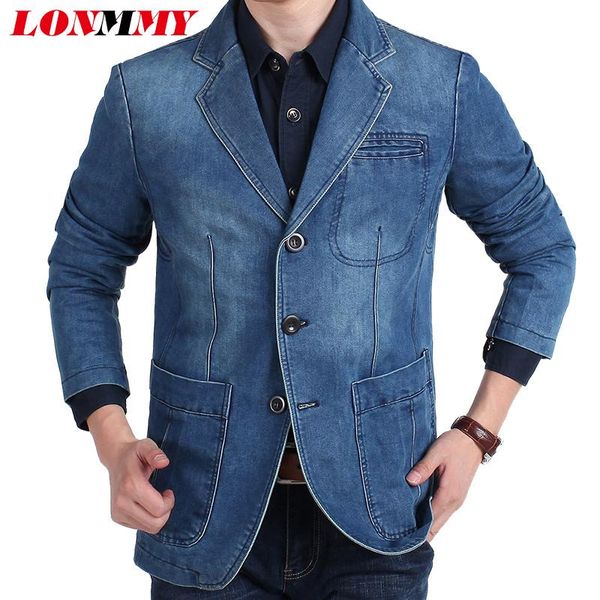 

lonmmy m-4xl denim jacket men blazer 80% cotton suits for men cowboy blazer jeans jacket jaqueta brand-clothing casual, White;black