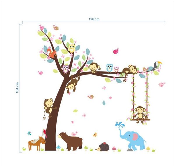 

cartoon animals tree wall stickers for kids room decor nursery monkey elephant owlets safari mural art diy ch bbyprj bdesports