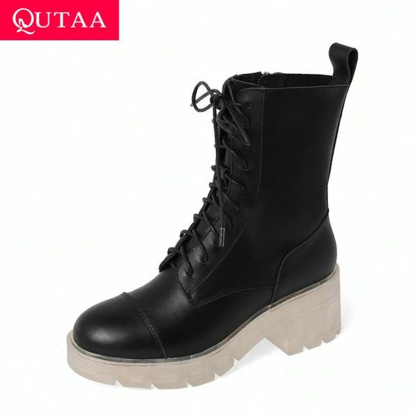 

qutaa 2021 casual round toe cow leather ankle boots autumn winter square heel women shoes lace up zipper women pumps size 34-39, Black