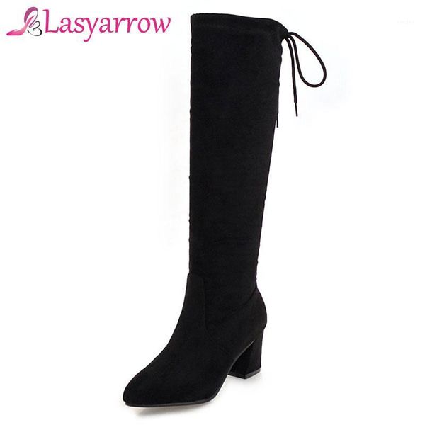 

boots lasyarrow knee high chunky heels pointed toe knight lace up ladies footwear slim stretch botas mujer f4601, Black