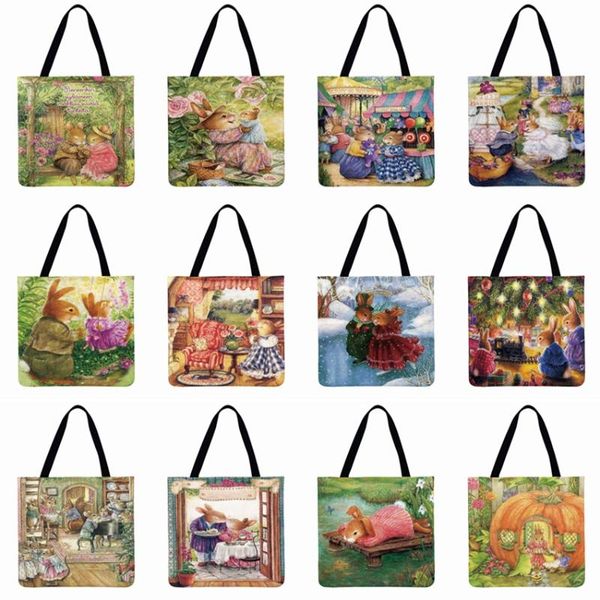 

women shoulder bag warm printed tote bag linen febric casual tote reusable beach foldable shopping