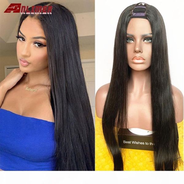 

150 density human hair silky straight u part wig brazilian remy middle part 2*4'' u wigs full end with elastic band, Black;brown