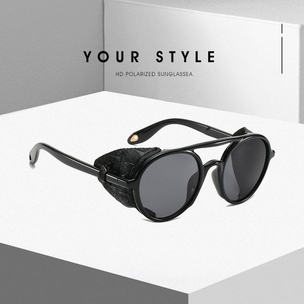 

2020 new round frame double beam steampunk men's fashion glasses women's leather decorative sunglasses designer jjkd, White;black
