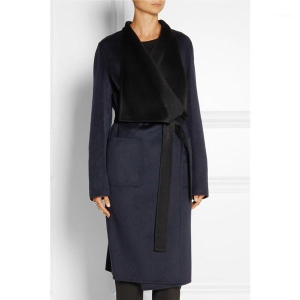 

simple lapel woolen coat 2020 new winter navy adjust waist wool outerwear elegant casual v neck women overcoat coat1, Black