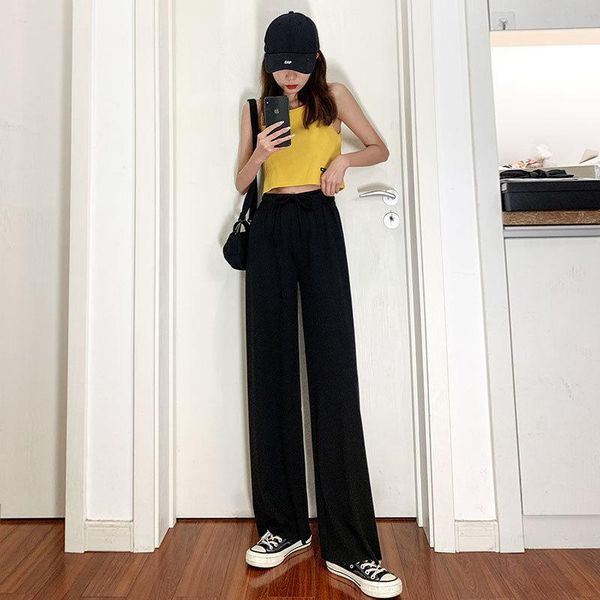 

copper ammonia wide leg pants summer high waist straight loose drape show thin black all-match suit mopping pants1, Black;white