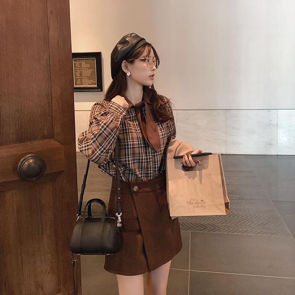 

women's blouses & shirts mishow women spring summer vintage plaid blouse long sleeves bow neck single-breasted shirt mx19d41171, White