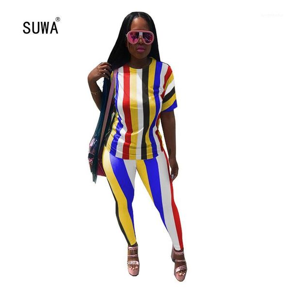 

multi color vertical striped o neck short sleeve t-shirt + matched long pants classic street casual women 2 piece set tracksuit1, White