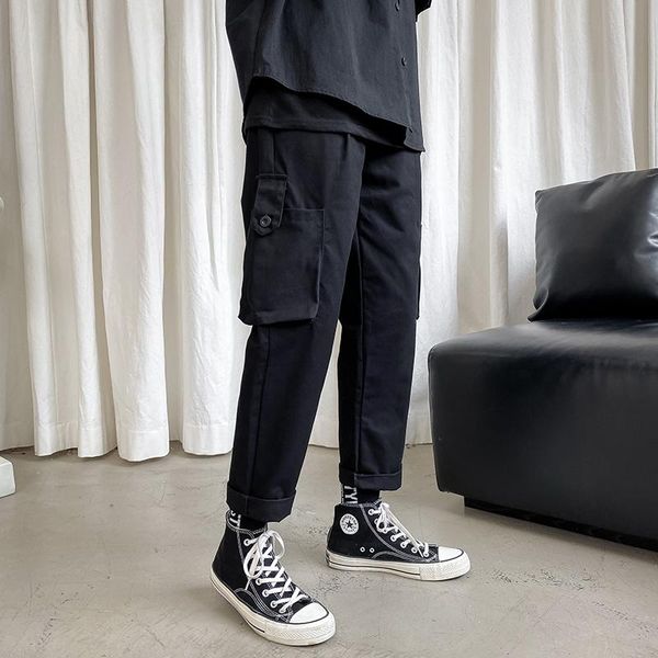 

men's solid color casual pants korean fashion loose harajuku streetwear multi-pocket cargo pants harem ankle-length, Black