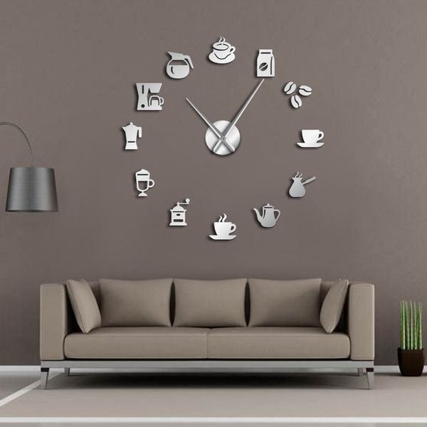 Tazza da caffè Wall Art Coffee Shop Orologio da parete gigante fai-da-te Cafe House Adesivi fai da te Decorativi Mani grandi Orologio senza cornice Grande orologio LJ201204