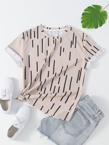 

striped print round neck tee t40o#, White