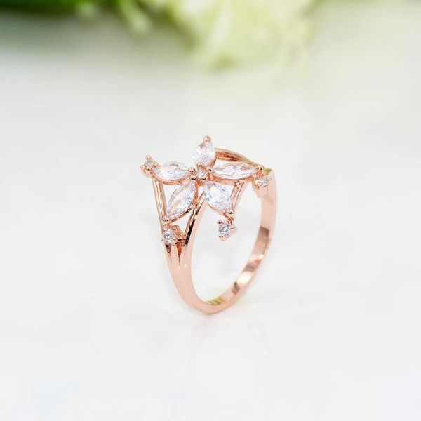 

wedding rings delicate attractive rose gold tone plated flower ring clear cubic zircon ladies women's valentine1, Slivery;golden