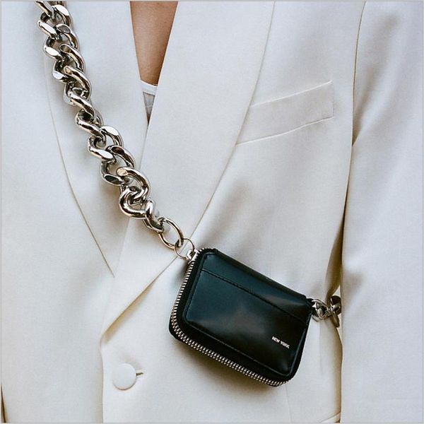 

cross body 2021 fashion women's leather bag thick metal chain black shoulder small chest pocket
