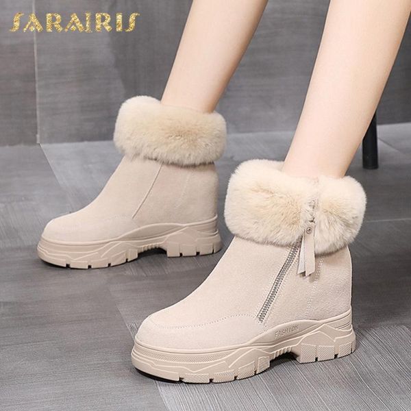 

sarairis 2021 new design ins zipper warm fur ankle boots woman shoes wedges platform causal winter booties female, Black