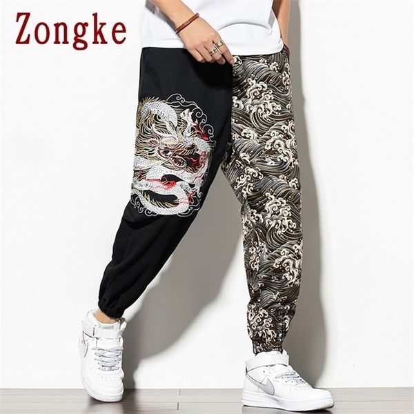 

zongke autumn dragon embroidery harem pants men joggers men's pants korean streetwear men's casual pants hip hop m-5xl 201116, Black