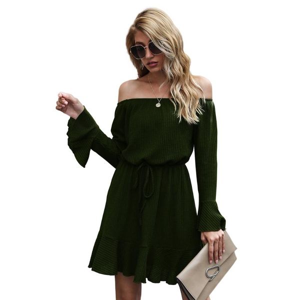 

women flare long sleeve ruffles off shoulder drawstring waffle swing mini dress m5te, Black;gray