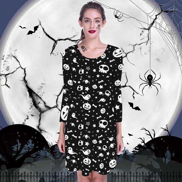 

2020 autumn and winter new women's halloween long sleeve pumpkin ghost print long sleeve high waist casual slim dress1, Black;gray