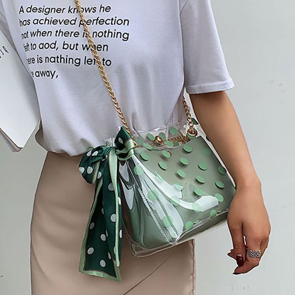 

etaill 2020 pvc jelly scarves composite bag small transparent shoulder handbags large dots golden chain crossbody messenger bag