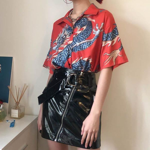 

elegant shirts women blouse harajuku chinese style dragon print short sleeve blouses vintage summer streetwear female 20211, White