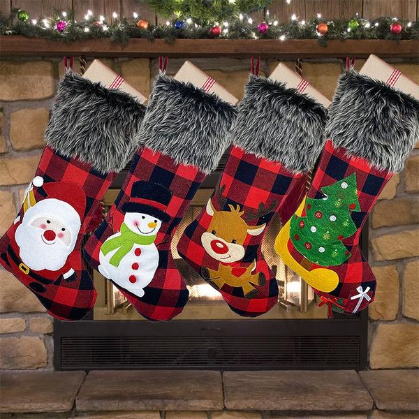 

santa claus deer snowman candy bag hanging socks 2020 christmas plaid stockings gift pendant decorations